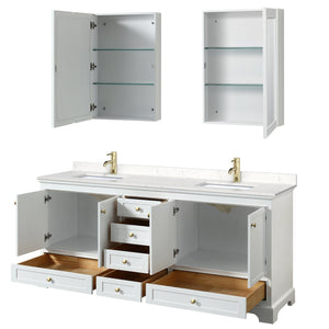 Wyndham Collection WCS202080DWGC2UNSMED Deborah 80 Inch Double Bathroom Vanity in White, Carrara Cultured Marble Countertop, Undermount Square Sinks, Brushed Gold Trim, Medicine Cabinets
