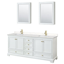 Load image into Gallery viewer, Wyndham Collection WCS202080DWGC2UNSMED Deborah 80 Inch Double Bathroom Vanity in White, Carrara Cultured Marble Countertop, Undermount Square Sinks, Brushed Gold Trim, Medicine Cabinets