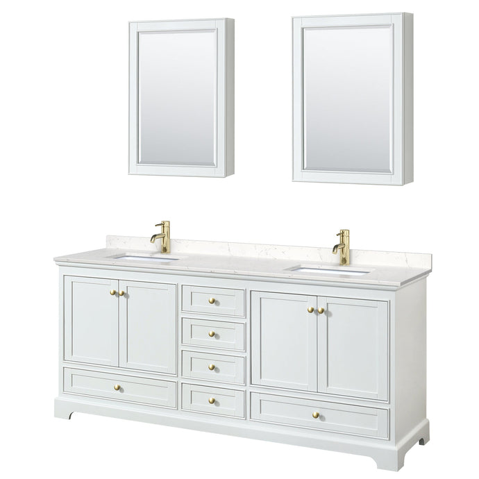 Wyndham Collection WCS202080DWGC2UNSMED Deborah 80 Inch Double Bathroom Vanity in White, Carrara Cultured Marble Countertop, Undermount Square Sinks, Brushed Gold Trim, Medicine Cabinets