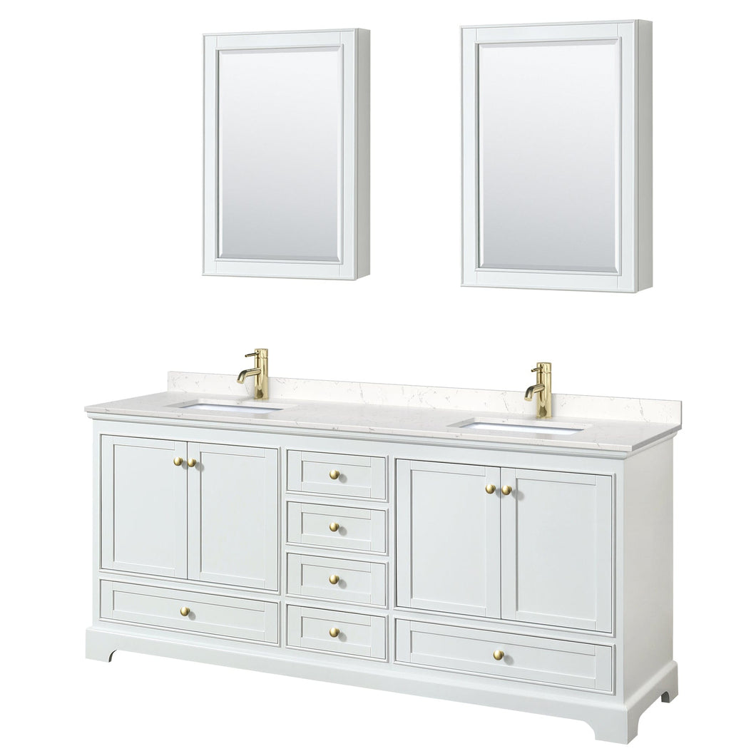 Wyndham Collection WCS202080DWGC2UNSMED Deborah 80 Inch Double Bathroom Vanity in White, Carrara Cultured Marble Countertop, Undermount Square Sinks, Brushed Gold Trim, Medicine Cabinets