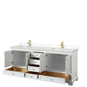 Wyndham Collection WCS202080DWGC2UNSMXX Deborah 80 Inch Double Bathroom Vanity in White, Carrara Cultured Marble Countertop, Undermount Square Sinks, Brushed Gold Trim, No Mirrors