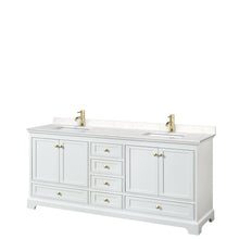 Load image into Gallery viewer, Wyndham Collection WCS202080DWGC2UNSMXX Deborah 80 Inch Double Bathroom Vanity in White, Carrara Cultured Marble Countertop, Undermount Square Sinks, Brushed Gold Trim, No Mirrors