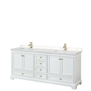 Wyndham Collection WCS202080DWGC2UNSMXX Deborah 80 Inch Double Bathroom Vanity in White, Carrara Cultured Marble Countertop, Undermount Square Sinks, Brushed Gold Trim, No Mirrors