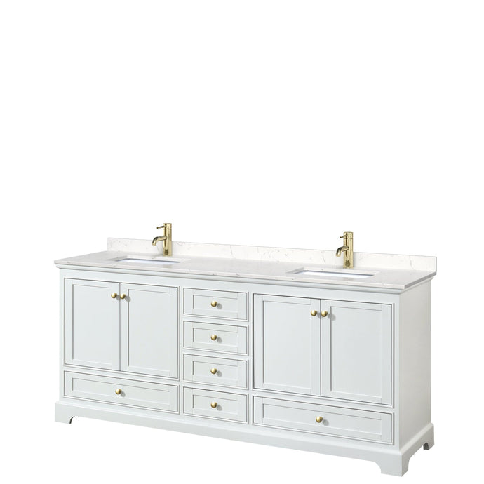 Wyndham Collection WCS202080DWGC2UNSMXX Deborah 80 Inch Double Bathroom Vanity in White, Carrara Cultured Marble Countertop, Undermount Square Sinks, Brushed Gold Trim, No Mirrors
