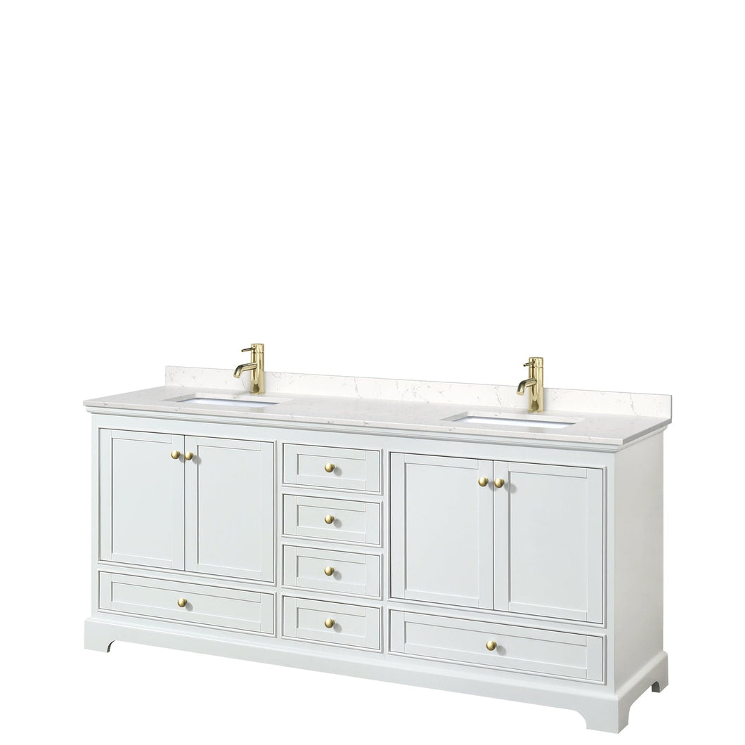 Wyndham Collection WCS202080DWGC2UNSMXX Deborah 80 Inch Double Bathroom Vanity in White, Carrara Cultured Marble Countertop, Undermount Square Sinks, Brushed Gold Trim, No Mirrors