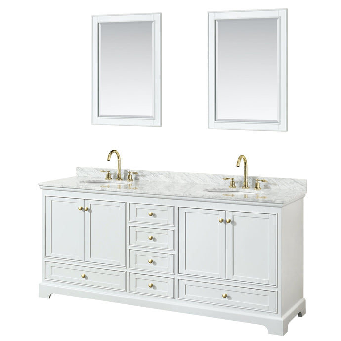 Wyndham Collection WCS202080DWGCMUNOM24 Deborah 80 Inch Double Bathroom Vanity in White, White Carrara Marble Countertop, Undermount Oval Sinks, Brushed Gold Trim, 24 Inch Mirrors