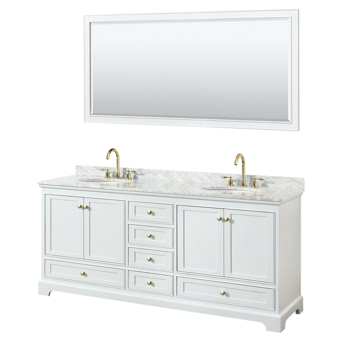 Wyndham Collection WCS202080DWGCMUNOM70 Deborah 80 Inch Double Bathroom Vanity in White, White Carrara Marble Countertop, Undermount Oval Sinks, Brushed Gold Trim, 70 Inch Mirror