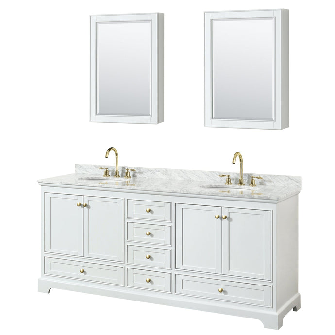 Wyndham Collection WCS202080DWGCMUNOMED Deborah 80 Inch Double Bathroom Vanity in White, White Carrara Marble Countertop, Undermount Oval Sinks, Brushed Gold Trim, Medicine Cabinets