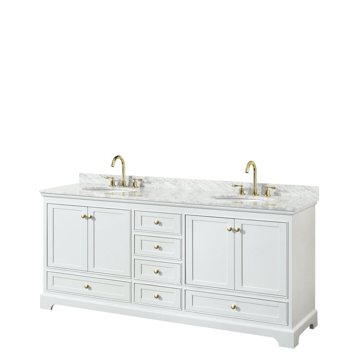 Wyndham Collection WCS202080DWGCMUNOMXX Deborah 80 Inch Double Bathroom Vanity in White, White Carrara Marble Countertop, Undermount Oval Sinks, Brushed Gold Trim, No Mirrors