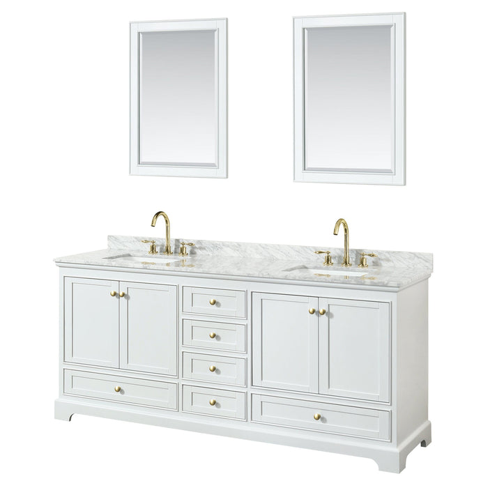Wyndham Collection WCS202080DWGCMUNSM24 Deborah 80 Inch Double Bathroom Vanity in White, White Carrara Marble Countertop, Undermount Square Sinks, Brushed Gold Trim, 24 Inch Mirrors