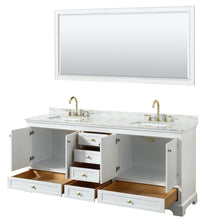 Load image into Gallery viewer, Wyndham Collection WCS202080DWGCMUNSM70 Deborah 80 Inch Double Bathroom Vanity in White, White Carrara Marble Countertop, Undermount Square Sinks, Brushed Gold Trim, 70 Inch Mirror