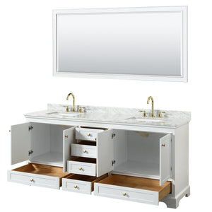 Wyndham Collection WCS202080DWGCMUNSM70 Deborah 80 Inch Double Bathroom Vanity in White, White Carrara Marble Countertop, Undermount Square Sinks, Brushed Gold Trim, 70 Inch Mirror