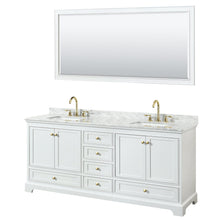 Load image into Gallery viewer, Wyndham Collection WCS202080DWGCMUNSM70 Deborah 80 Inch Double Bathroom Vanity in White, White Carrara Marble Countertop, Undermount Square Sinks, Brushed Gold Trim, 70 Inch Mirror