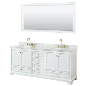 Wyndham Collection WCS202080DWGCMUNSM70 Deborah 80 Inch Double Bathroom Vanity in White, White Carrara Marble Countertop, Undermount Square Sinks, Brushed Gold Trim, 70 Inch Mirror