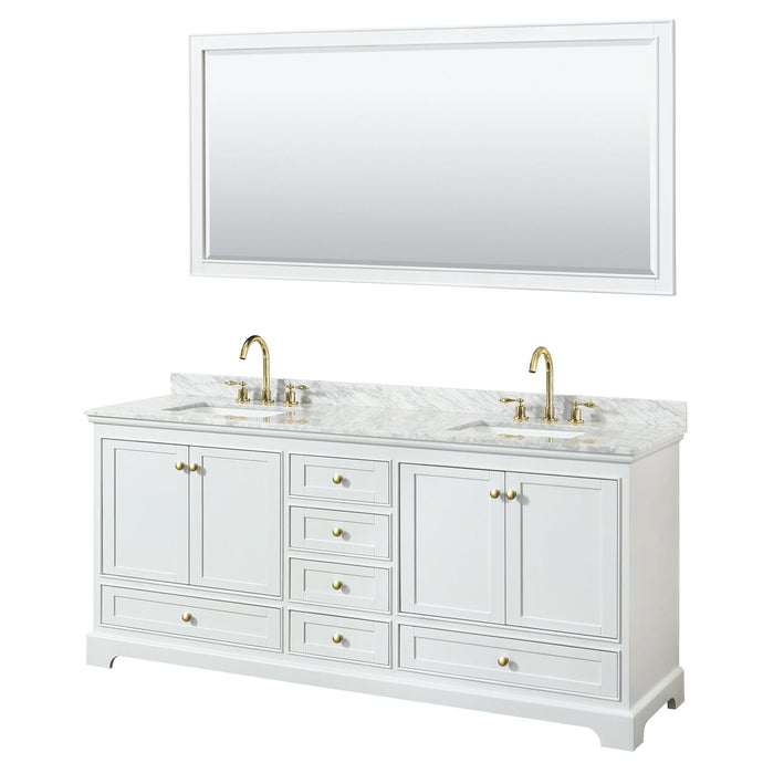 Wyndham Collection WCS202080DWGCMUNSM70 Deborah 80 Inch Double Bathroom Vanity in White, White Carrara Marble Countertop, Undermount Square Sinks, Brushed Gold Trim, 70 Inch Mirror