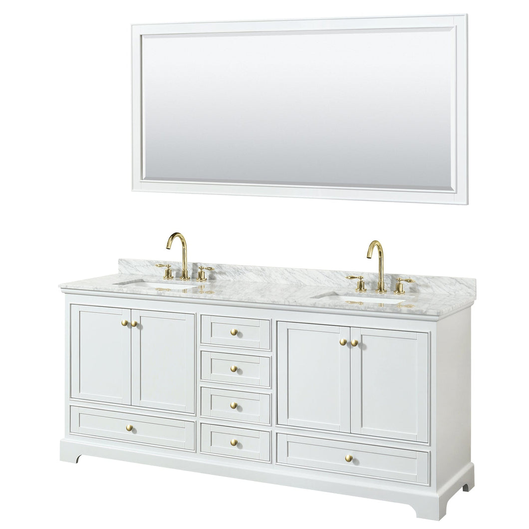 Wyndham Collection WCS202080DWGCMUNSM70 Deborah 80 Inch Double Bathroom Vanity in White, White Carrara Marble Countertop, Undermount Square Sinks, Brushed Gold Trim, 70 Inch Mirror