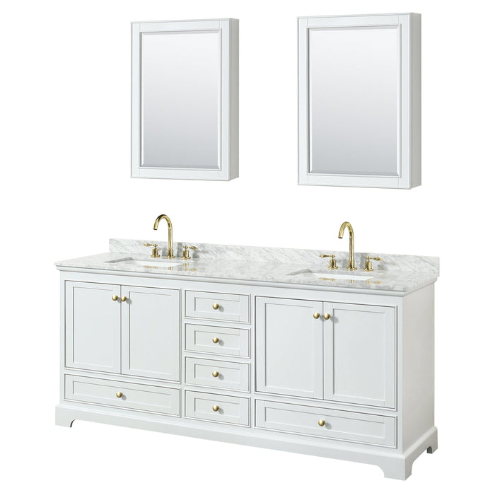 Wyndham Collection WCS202080DWGCMUNSMED Deborah 80 Inch Double Bathroom Vanity in White, White Carrara Marble Countertop, Undermount Square Sinks, Brushed Gold Trim, Medicine Cabinets