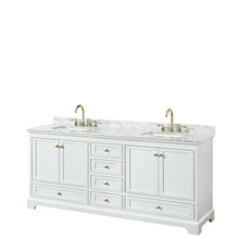 Load image into Gallery viewer, Wyndham Collection WCS202080DWGCMUNSMXX Deborah 80 Inch Double Bathroom Vanity in White, White Carrara Marble Countertop, Undermount Square Sinks, Brushed Gold Trim, No Mirrors
