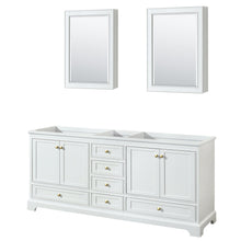 Load image into Gallery viewer, Wyndham Collection WCS202080DWGCXSXXMED Deborah 80 Inch Double Bathroom Vanity in White, No Countertop, No Sinks, Brushed Gold Trim, Medicine Cabinets