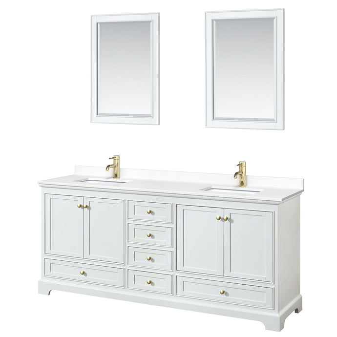 Wyndham Collection WCS202080DWGWCUNSM24 Deborah 80 Inch Double Bathroom Vanity in White, White Cultured Marble Countertop, Undermount Square Sinks, Brushed Gold Trim, 24 Inch Mirrors