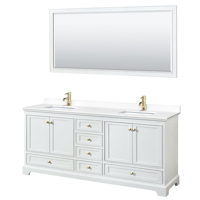 Wyndham Collection WCS202080DWGWCUNSM70 Deborah 80 Inch Double Bathroom Vanity in White, White Cultured Marble Countertop, Undermount Square Sinks, Brushed Gold Trim, 70 Inch Mirror