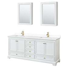 Load image into Gallery viewer, Wyndham Collection WCS202080DWGWCUNSMED Deborah 80 Inch Double Bathroom Vanity in White, White Cultured Marble Countertop, Undermount Square Sinks, Brushed Gold Trim, Medicine Cabinets