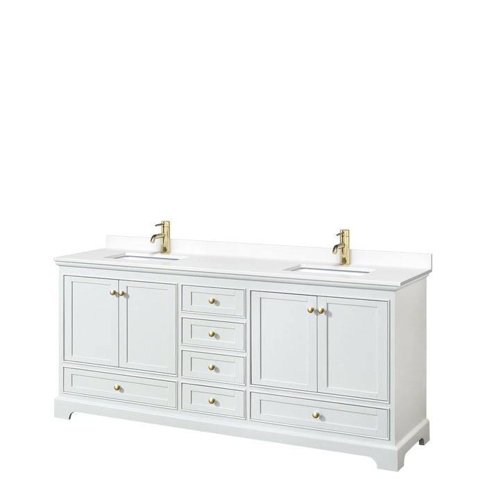 Wyndham Collection WCS202080DWGWCUNSMXX Deborah 80 Inch Double Bathroom Vanity in White, White Cultured Marble Countertop, Undermount Square Sinks, Brushed Gold Trim, No Mirrors