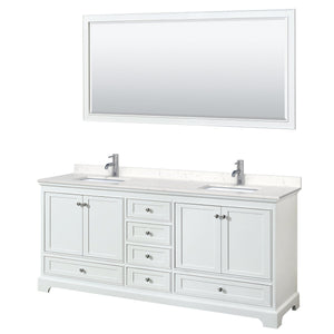 Wyndham Collection WCS202080DWHC2UNSM70 Deborah 80 Inch Double Bathroom Vanity in White, Light-Vein Carrara Cultured Marble Countertop, Undermount Square Sinks, 70 Inch Mirror