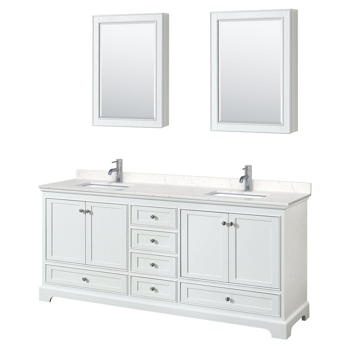 Wyndham Collection WCS202080DWHC2UNSMED Deborah 80 Inch Double Bathroom Vanity in White, Light-Vein Carrara Cultured Marble Countertop, Undermount Square Sinks, Medicine Cabinets