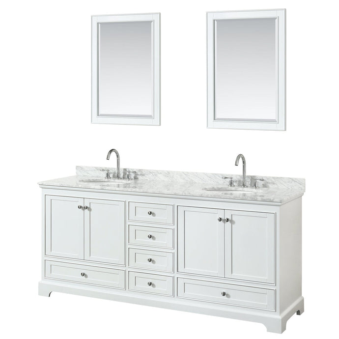 Wyndham Collection WCS202080DWHCMUNOM24 Deborah 80 Inch Double Bathroom Vanity in White, White Carrara Marble Countertop, Undermount Oval Sinks, and 24 Inch Mirrors