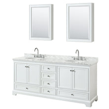 Load image into Gallery viewer, Wyndham Collection WCS202080DWHCMUNOMED Deborah 80 Inch Double Bathroom Vanity in White, White Carrara Marble Countertop, Undermount Oval Sinks, and Medicine Cabinets