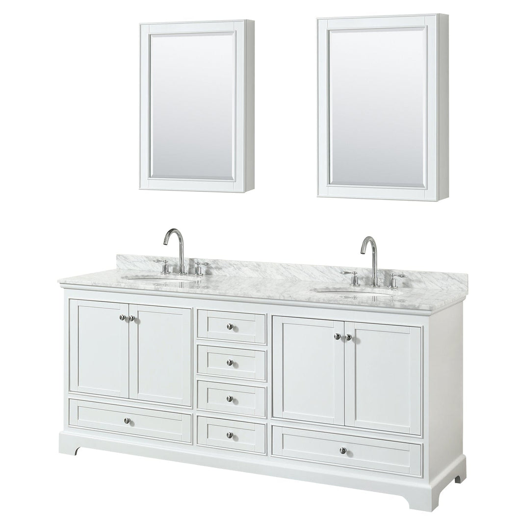 Wyndham Collection WCS202080DWHCMUNOMED Deborah 80 Inch Double Bathroom Vanity in White, White Carrara Marble Countertop, Undermount Oval Sinks, and Medicine Cabinets