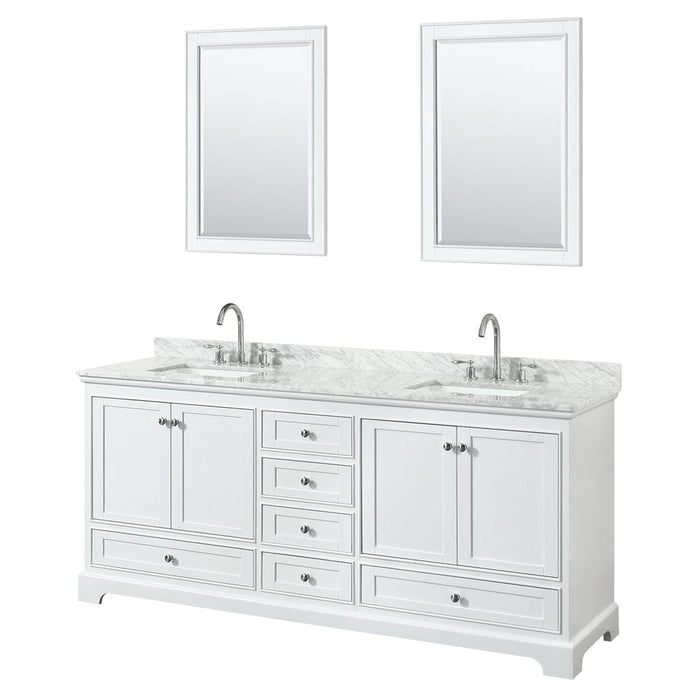 Wyndham Collection WCS202080DWHCMUNSM24 Deborah 80 Inch Double Bathroom Vanity in White, White Carrara Marble Countertop, Undermount Square Sinks, and 24 Inch Mirrors