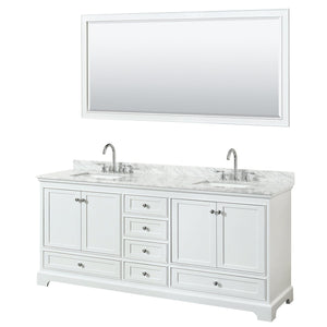 Wyndham Collection WCS202080DWHCMUNSM70 Deborah 80 Inch Double Bathroom Vanity in White, White Carrara Marble Countertop, Undermount Square Sinks, and 70 Inch Mirror