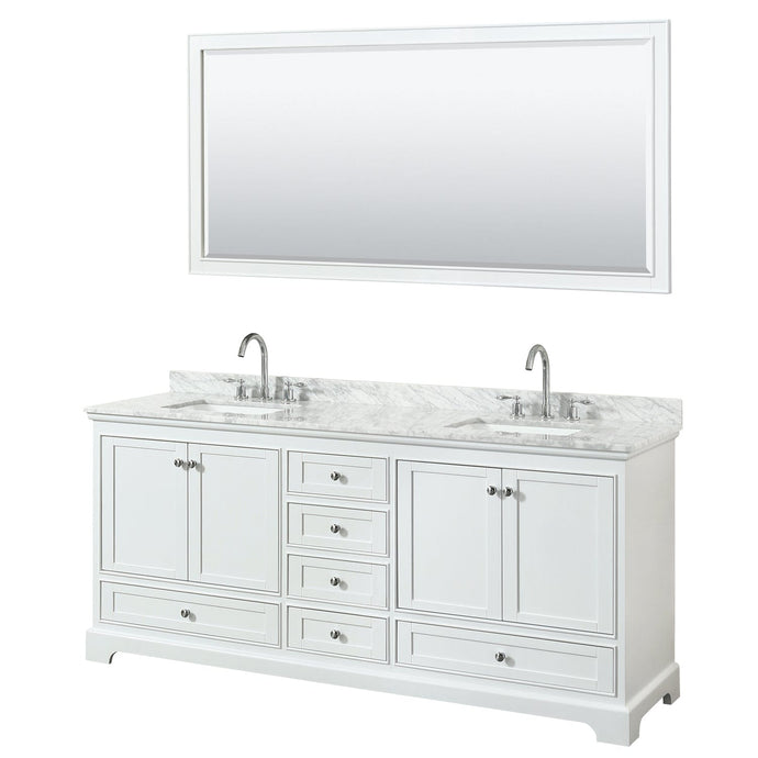 Wyndham Collection WCS202080DWHCMUNSM70 Deborah 80 Inch Double Bathroom Vanity in White, White Carrara Marble Countertop, Undermount Square Sinks, and 70 Inch Mirror
