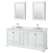 Load image into Gallery viewer, Wyndham Collection WCS202080DWHCMUNSMED Deborah 80 Inch Double Bathroom Vanity in White, White Carrara Marble Countertop, Undermount Square Sinks, and Medicine Cabinets