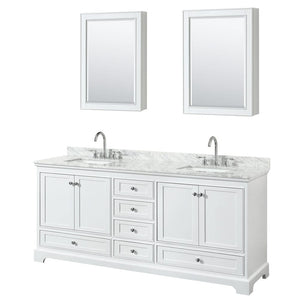 Wyndham Collection WCS202080DWHCMUNSMED Deborah 80 Inch Double Bathroom Vanity in White, White Carrara Marble Countertop, Undermount Square Sinks, and Medicine Cabinets