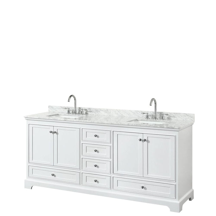 Wyndham Collection WCS202080DWHCMUNSMXX Deborah 80 Inch Double Bathroom Vanity in White, White Carrara Marble Countertop, Undermount Square Sinks, and No Mirror