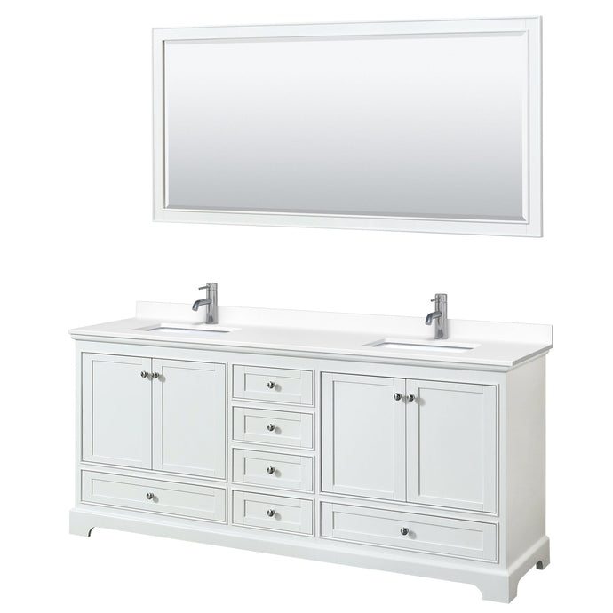 Wyndham Collection WCS202080DWHWCUNSM70 Deborah 80 Inch Double Bathroom Vanity in White, White Cultured Marble Countertop, Undermount Square Sinks, 70 Inch Mirror