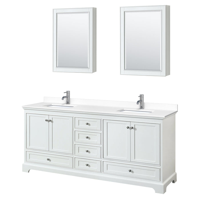 Wyndham Collection WCS202080DWHWCUNSMED Deborah 80 Inch Double Bathroom Vanity in White, White Cultured Marble Countertop, Undermount Square Sinks, Medicine Cabinets