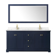 Load image into Gallery viewer, Wyndham Collection WCV232372DBLC2UNSM70 Avery 72 Inch Double Bathroom Vanity in Dark Blue, Light-Vein Carrara Cultured Marble Countertop, Undermount Square Sinks, 70 Inch Mirror