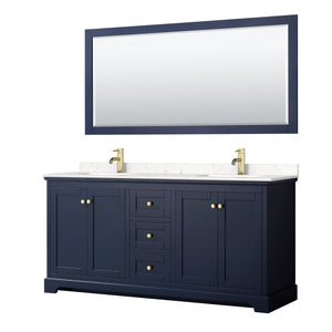 Wyndham Collection WCV232372DBLC2UNSM70 Avery 72 Inch Double Bathroom Vanity in Dark Blue, Light-Vein Carrara Cultured Marble Countertop, Undermount Square Sinks, 70 Inch Mirror