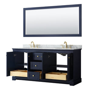 Wyndham Collection WCV232372DBLCMUNOM70 Avery 72 Inch Double Bathroom Vanity in Dark Blue, White Carrara Marble Countertop, Undermount Oval Sinks, and 70 Inch Mirror