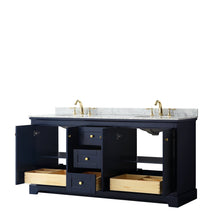 Load image into Gallery viewer, Wyndham Collection WCV232372DBLCMUNOMXX Avery 72 Inch Double Bathroom Vanity in Dark Blue, White Carrara Marble Countertop, Undermount Oval Sinks, and No Mirror