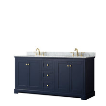 Load image into Gallery viewer, Wyndham Collection WCV232372DBLCMUNOMXX Avery 72 Inch Double Bathroom Vanity in Dark Blue, White Carrara Marble Countertop, Undermount Oval Sinks, and No Mirror