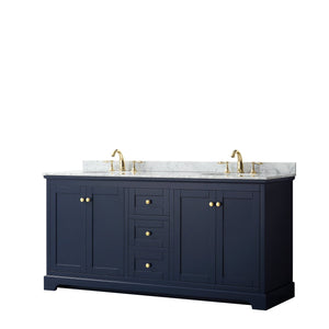 Wyndham Collection WCV232372DBLCMUNOMXX Avery 72 Inch Double Bathroom Vanity in Dark Blue, White Carrara Marble Countertop, Undermount Oval Sinks, and No Mirror