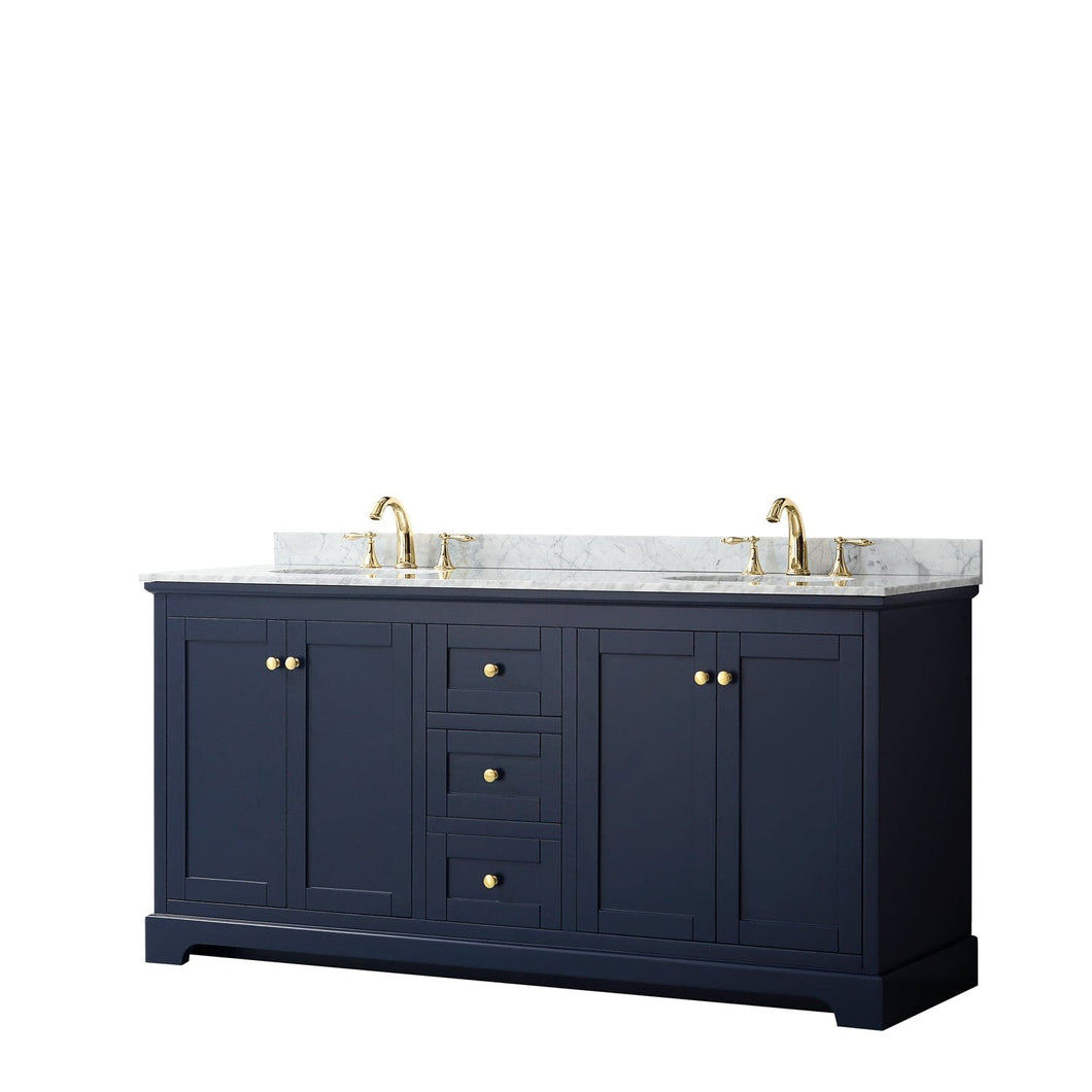 Wyndham Collection WCV232372DBLCMUNOMXX Avery 72 Inch Double Bathroom Vanity in Dark Blue, White Carrara Marble Countertop, Undermount Oval Sinks, and No Mirror