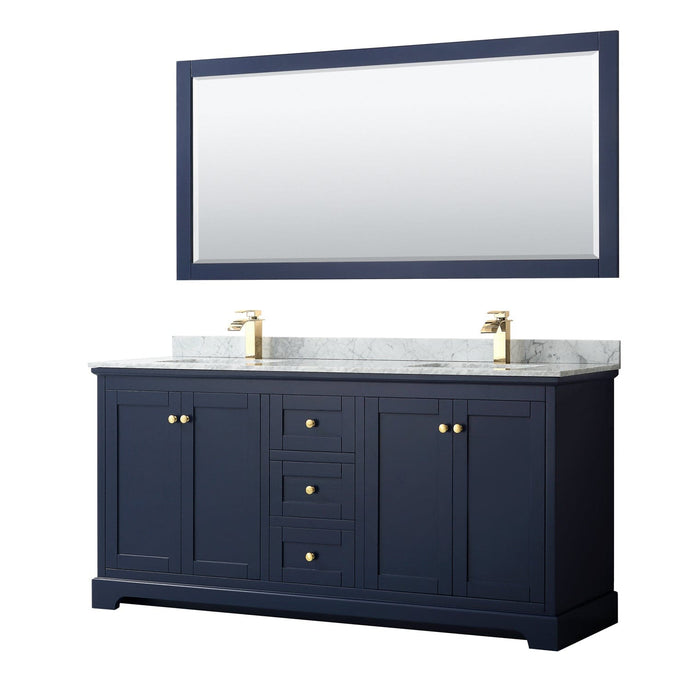 Wyndham Collection WCV232372DBLCMUNSM70 Avery 72 Inch Double Bathroom Vanity in Dark Blue, White Carrara Marble Countertop, Undermount Square Sinks, and 70 Inch Mirror