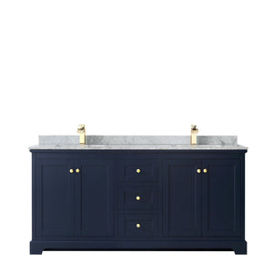 Wyndham Collection WCV232372DBLCMUNSMXX Avery 72 Inch Double Bathroom Vanity in Dark Blue, White Carrara Marble Countertop, Undermount Square Sinks, and No Mirror