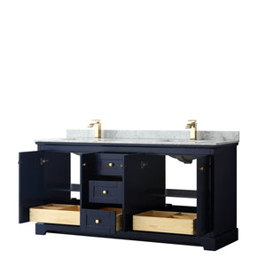 Wyndham Collection WCV232372DBLCMUNSMXX Avery 72 Inch Double Bathroom Vanity in Dark Blue, White Carrara Marble Countertop, Undermount Square Sinks, and No Mirror